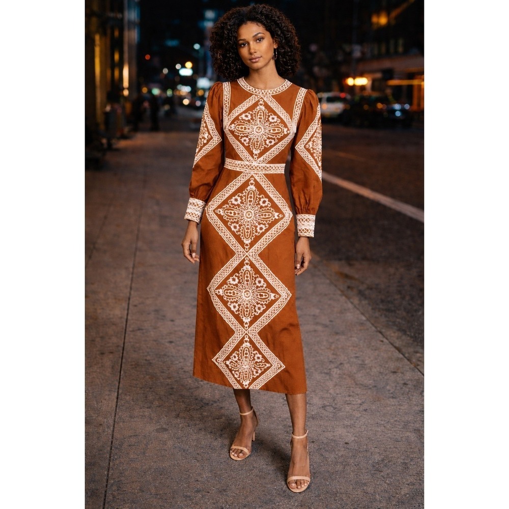 Sézane Calitta Embroidered Midi Dress Caramel Ecru Boho French Chic